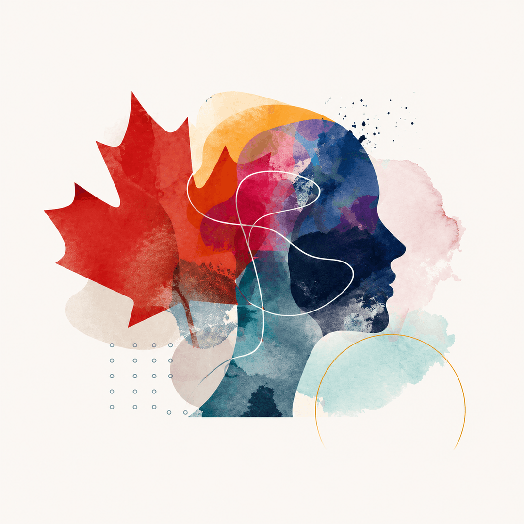 Illustration of a profile in watercolour layers with a Canadian maple leaf, representing Inclusive Innovators.