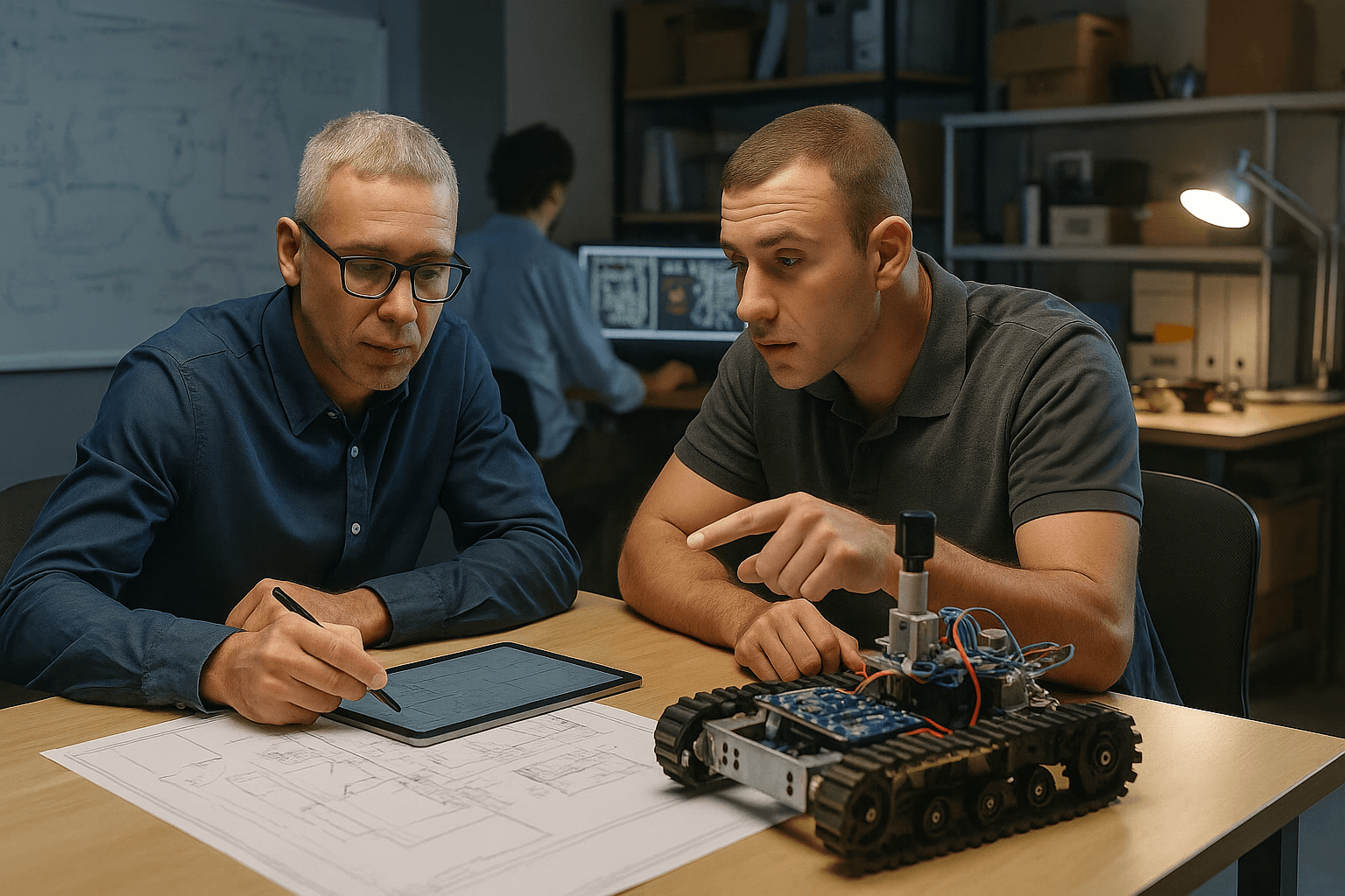 Two engineers collaborating on a tracked robotics prototype in a modern lab, surrounded by technical blueprints and electronic components.